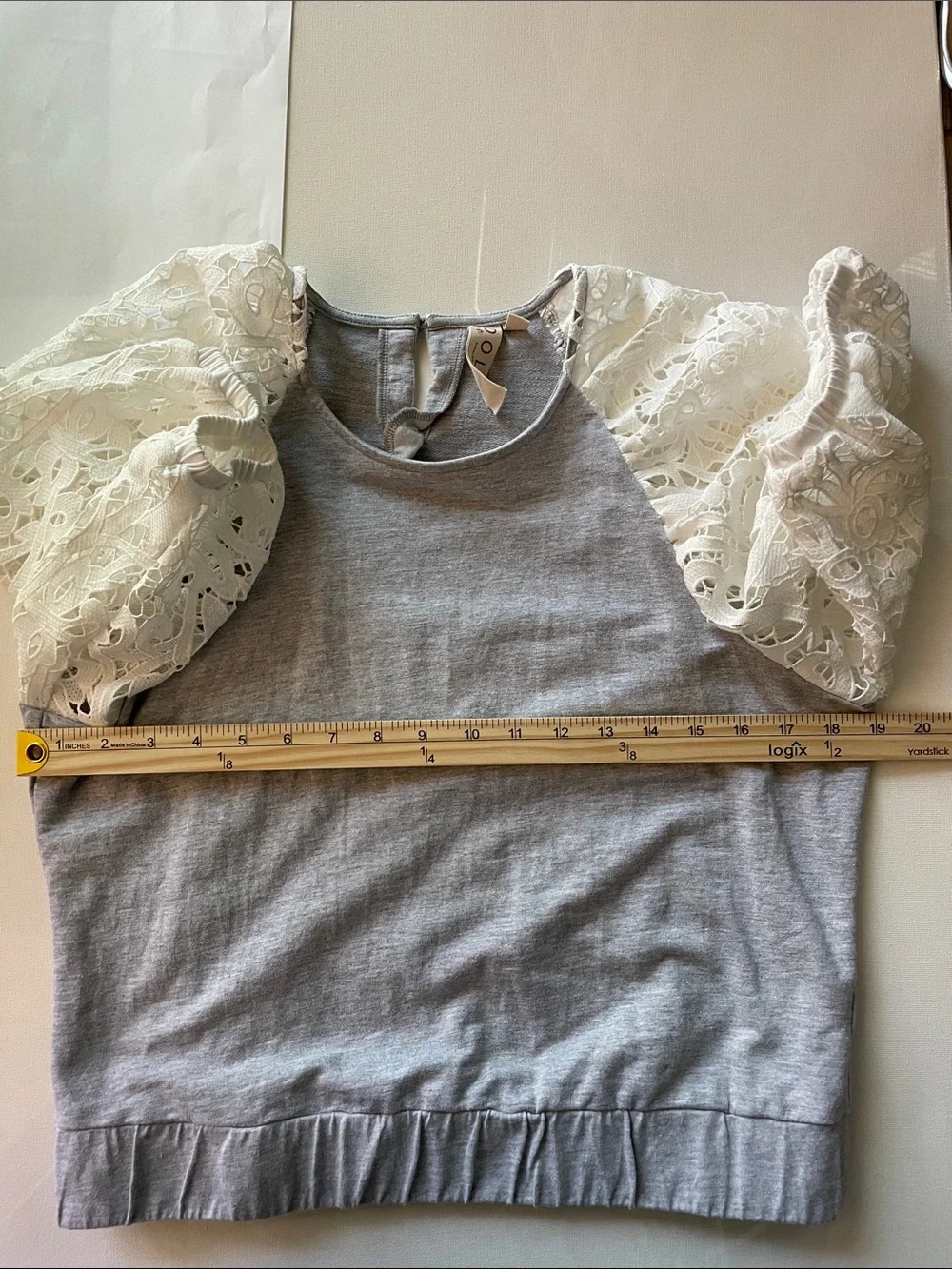 Anthropologie DOLAN Light Gray Top with White Lace Puff Sleeves